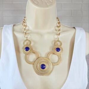 St. Thomas Gold Tone and Blue Boho Medallion Statement Necklace